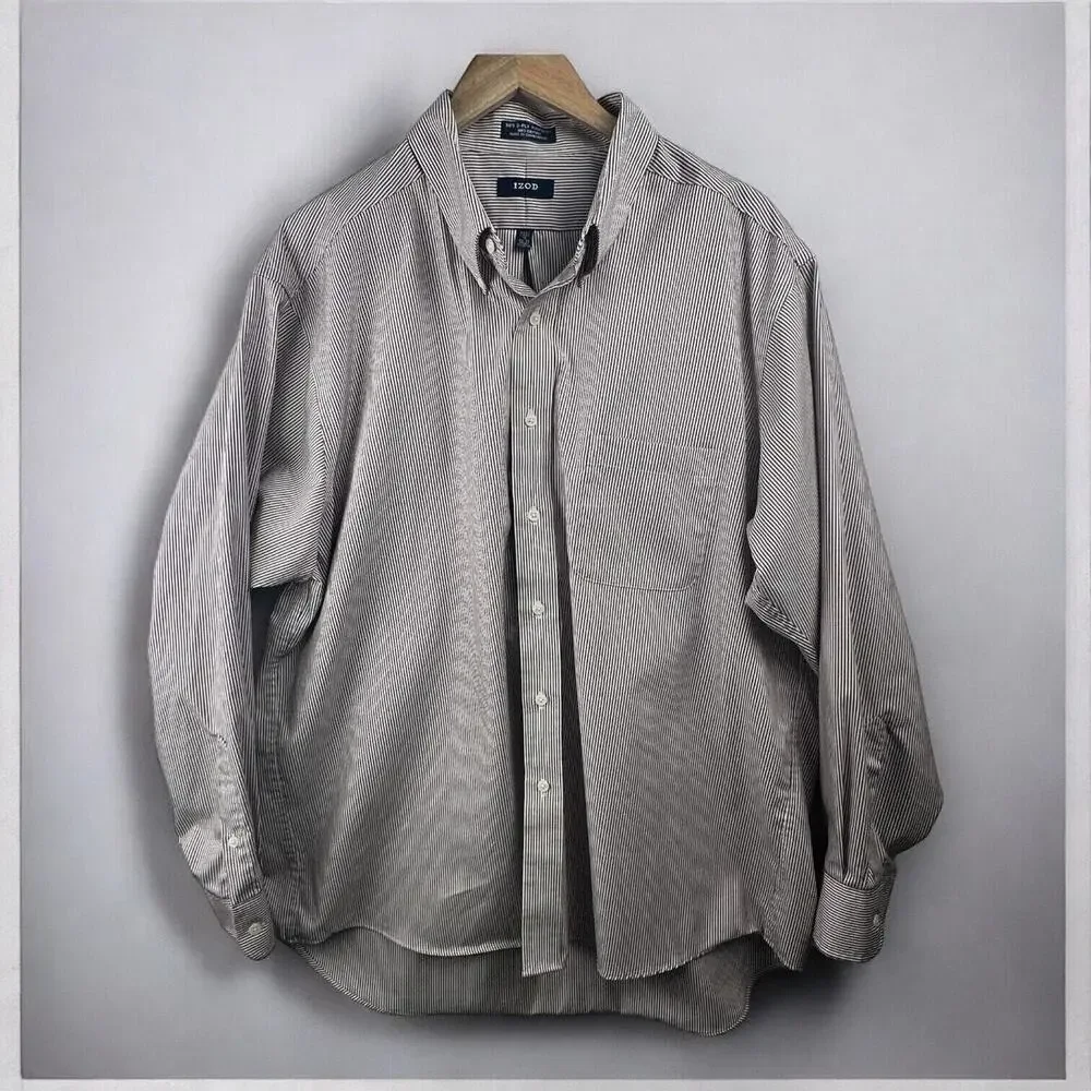 IZOD Striped Button Down Collared Long Sleeve Shirt Size XXL 80s 2-Ply Pinpoint
